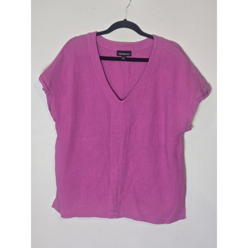 Womens XL Boxy 100% Gauze Cotton Top Fuschia Roll Sleeve Beachy Minimalist